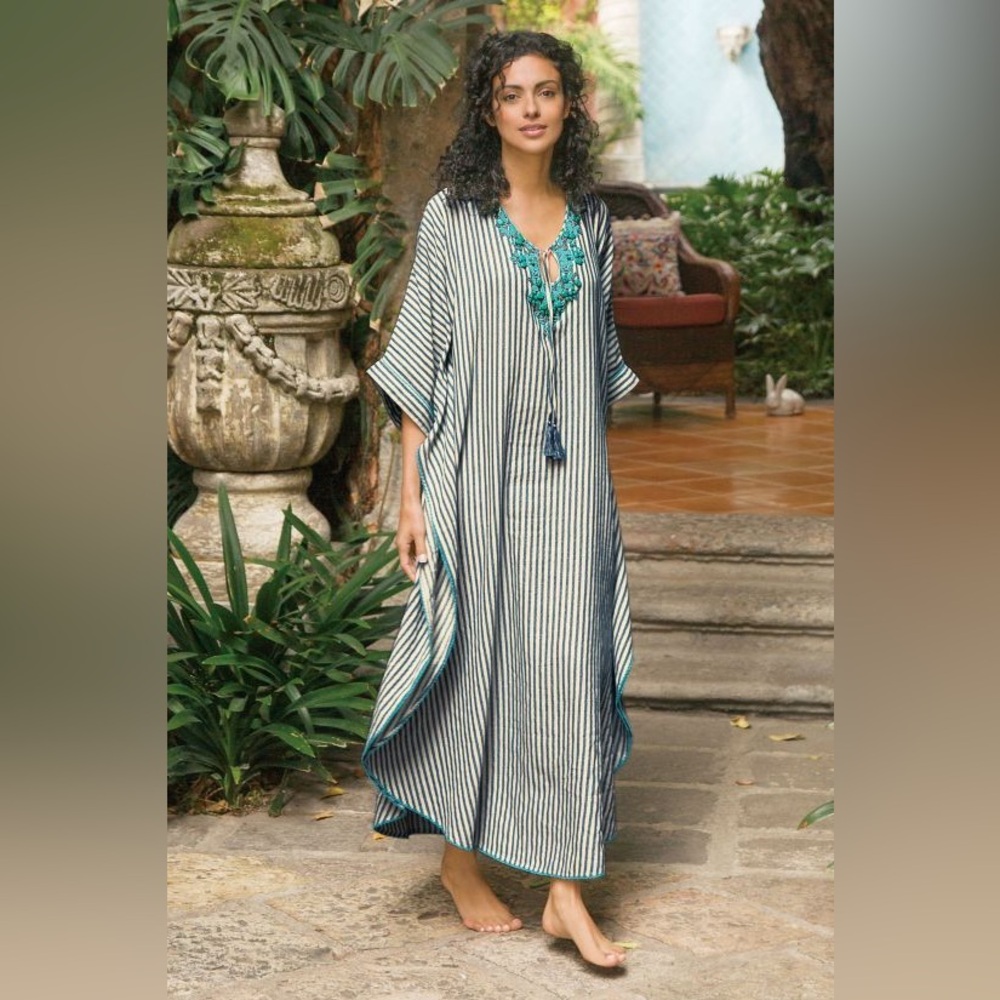 VINTAGE SOFT SURROUNDINGS PS/PM CAFTAN / KAFTAN BLUE STRIPES TURQUISE BEADING